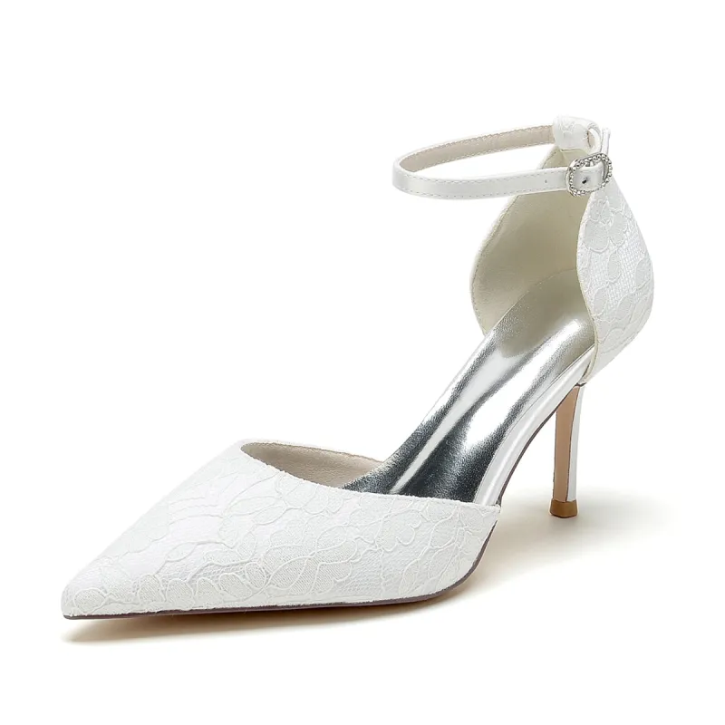 Women's Lace Silk Satin With Ankle Strap Lace Closed Toe Stiletto Heel Party Shoes sold by Lavetir
