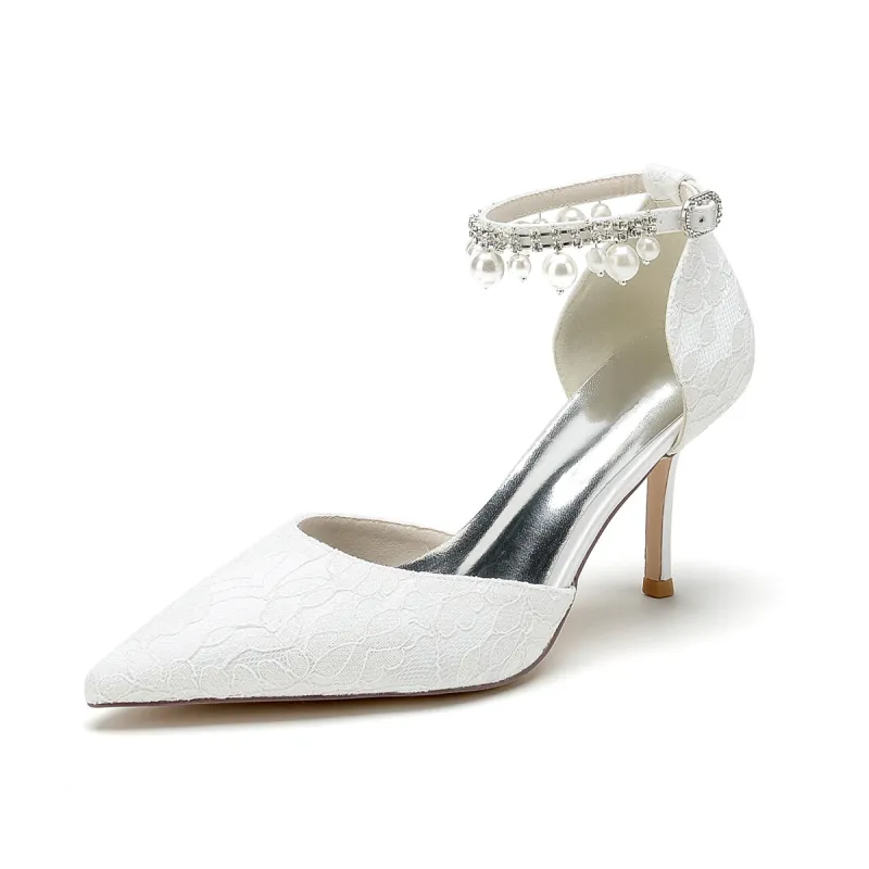 Women's Lace Silk Satin With Ankle Strap Pearl Rhinestone Lace Tassel Closed Toe Stiletto Heel Wedding Shoes sold by Lavetir