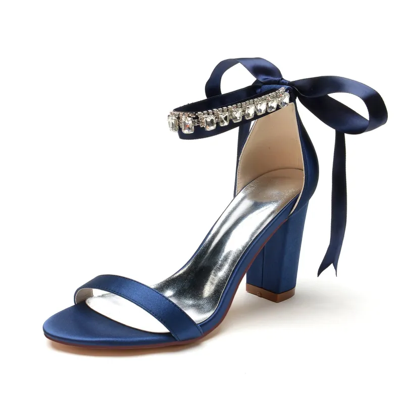 Women's Silk Satin With Ankle Strap Lace-up Rhinestone Peep Toe Chunky Heel Evening Shoes sold by Lavetir
