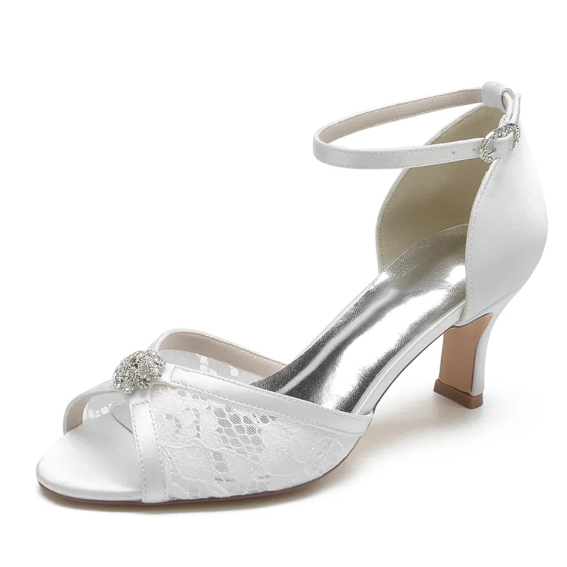 Women's Lace Silk Satin With Ankle Strap Lace Rhinestone Peep Toe Spool Heel Party Shoes sold by Lavetir