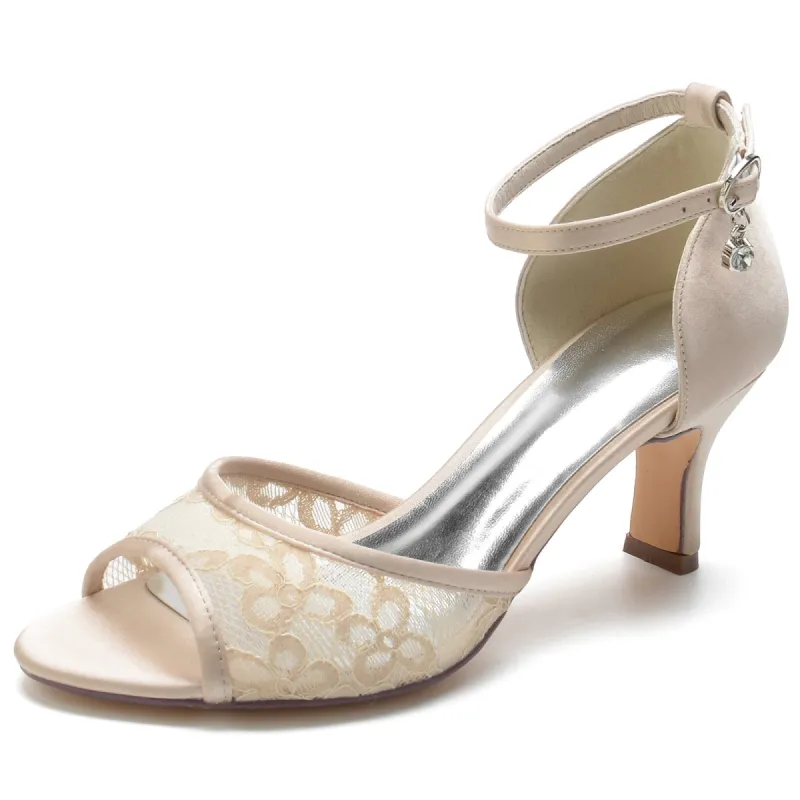 Women's Silk Satin With Ankle Strap Lace Peep Toe Spool Heel Evening Shoes sold by Lavetir