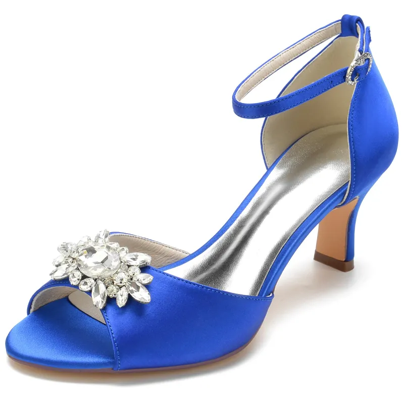 Women's Silk Satin With Ankle Strap Peep Toe Rhinestone Spool Heel Evening Shoes sold by Lavetir