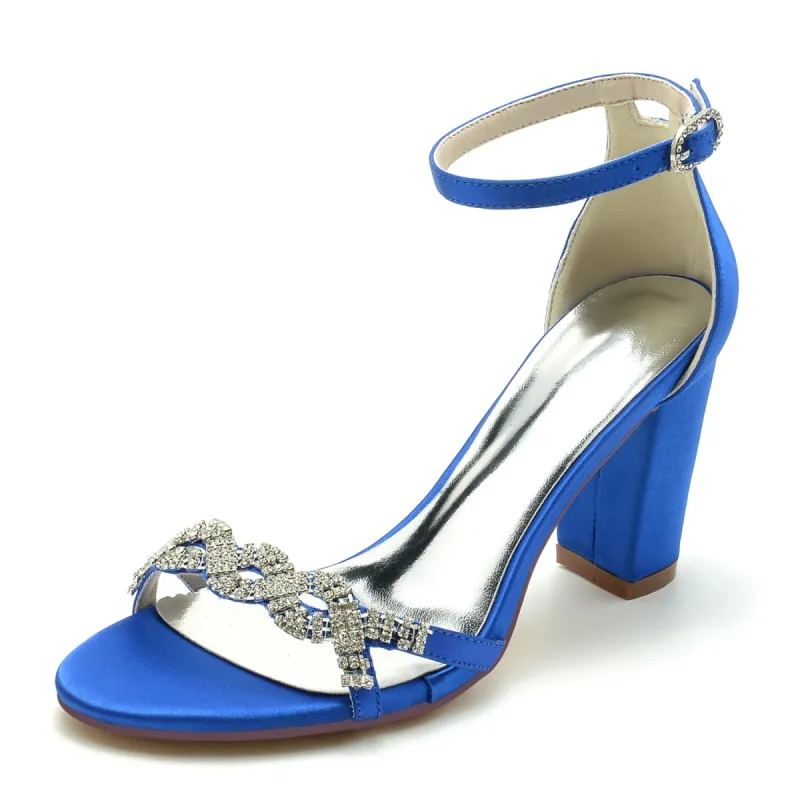 Women's Silk Satin With Ankle Strap Chunky Heel Rhinestone Peep Toe Wedding Shoes sold by Lavetir