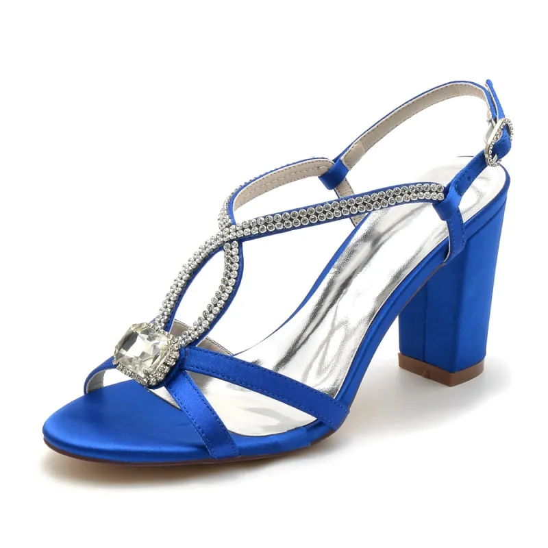 Women's Silk Satin Rhinestone With Ankle Strap Peep Toe Chunky Heel Party Shoes sold by Lavetir