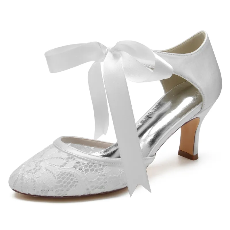 Women's Lace Silk Satin With Ankle Strap Closed Toe Spool Heel Wedding Shoes sold by Lavetir