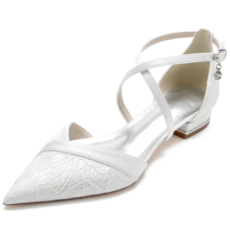 Women's Silk Satin Ankle Strap With Lace Closed Toe Flat Heel Party Shoes sold by Lavetir