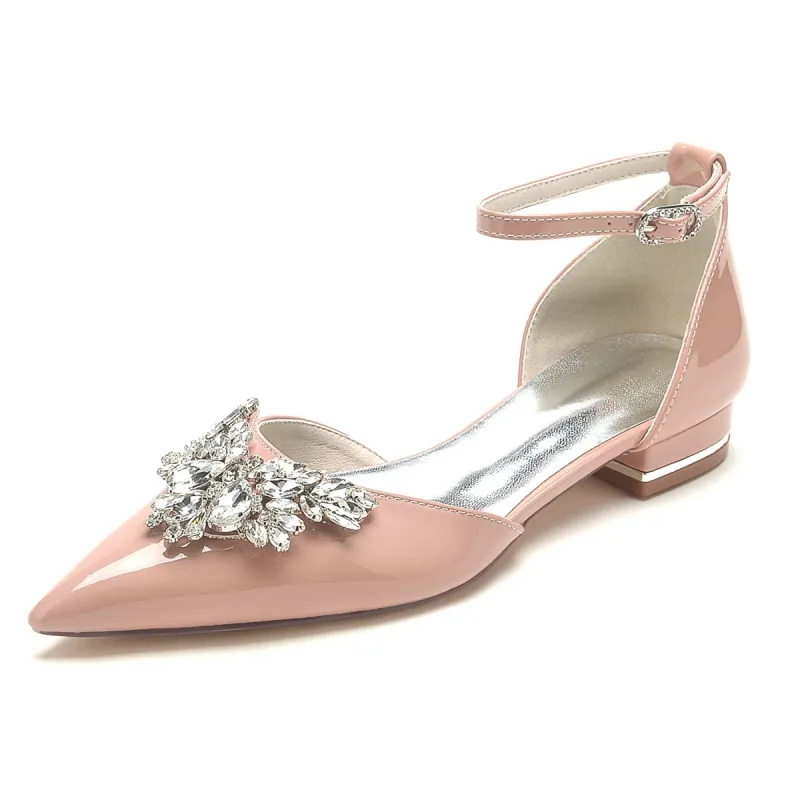 Women's Patent Leather Mirror Finish With Ankle Strap Rhinestone Closed Toe Flat Heel Wedding Shoes sold by Lavetir