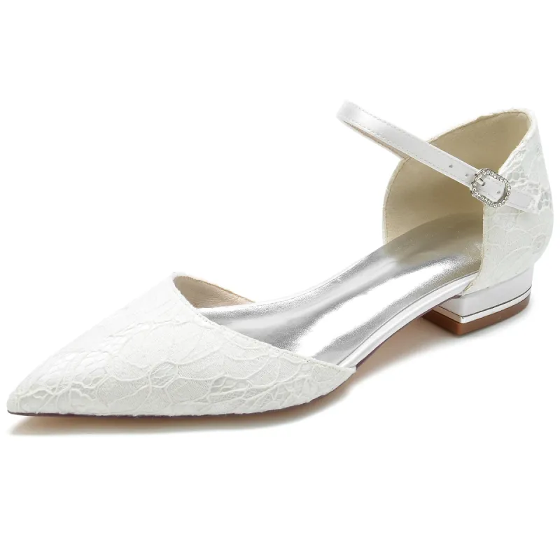 Women's Silk Satin With Ankle Strap Lace Closed Toe Flat Heel Wedding Shoes sold by Lavetir