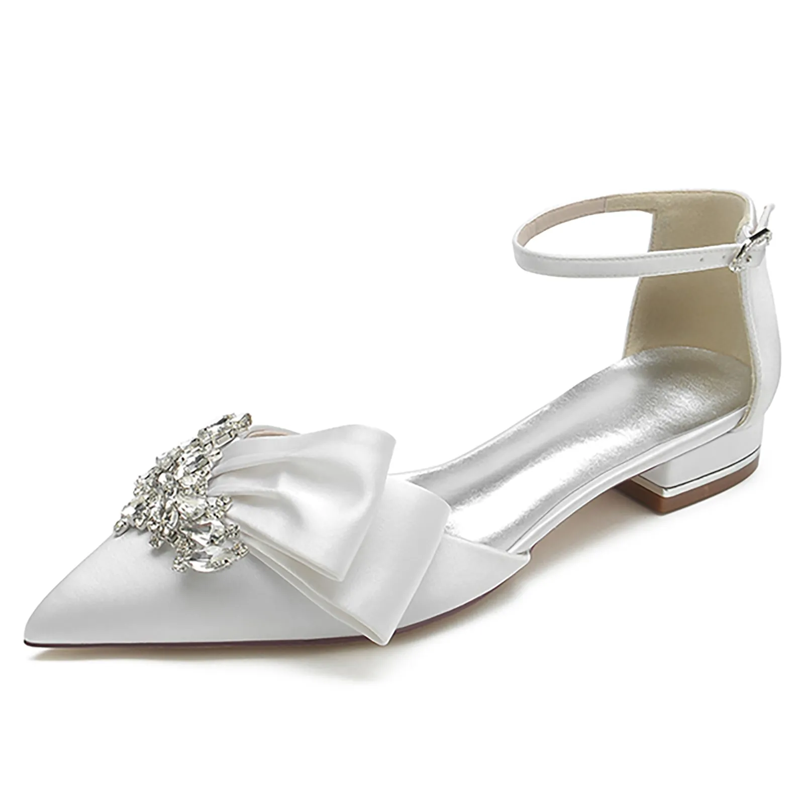 Women's Ankle Strap Rhinestone Silk Satin With Closed Toe Flat Heel Wedding Shoes sold by Lavetir