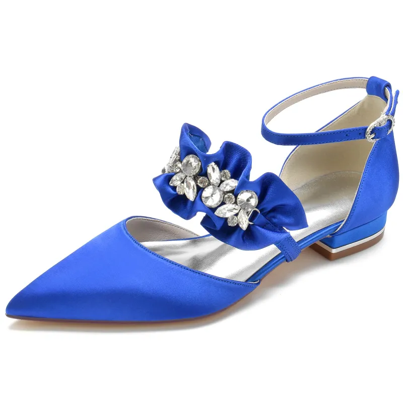 Women's Silk Satin With Rhinestone Ankle Strap Closed Toe Flat Heel Party Shoes sold by Lavetir