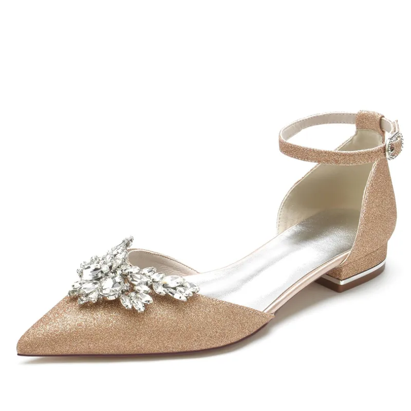 Women's Stretch Glitter With Ankle Strap Rhinestone Closed Toe Flat Heel Evening Shoes sold by Lavetir