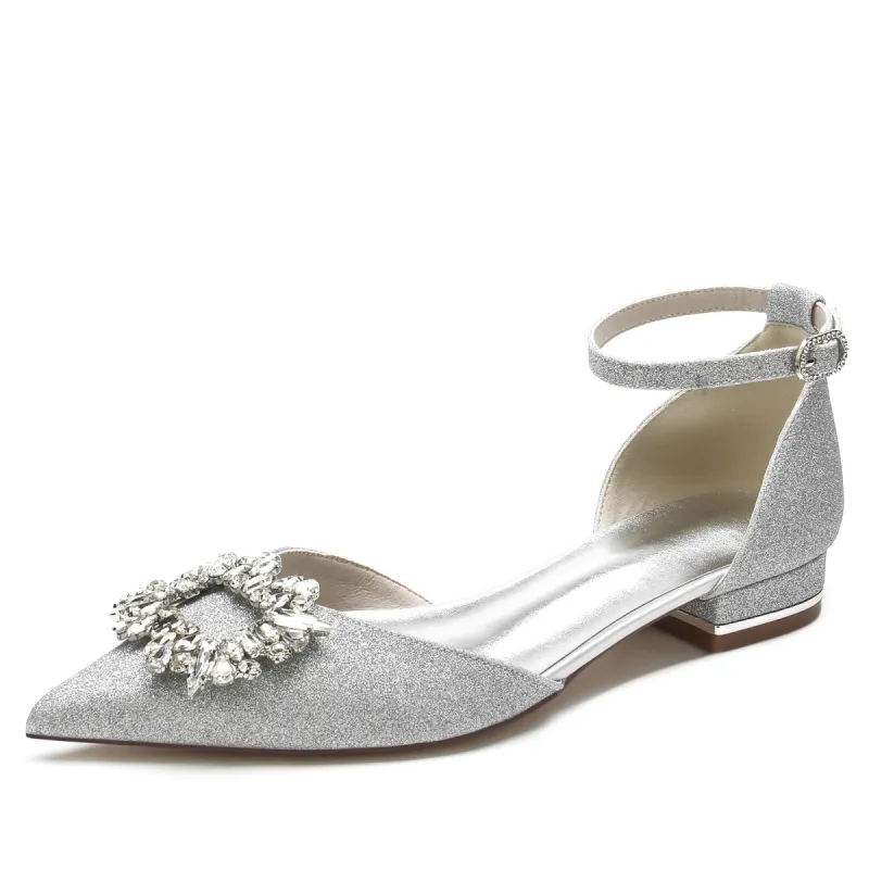 Women's Stretch Glitter With Rhinestone Ankle Strap Closed Toe Flat Heel Evening Shoes sold by Lavetir