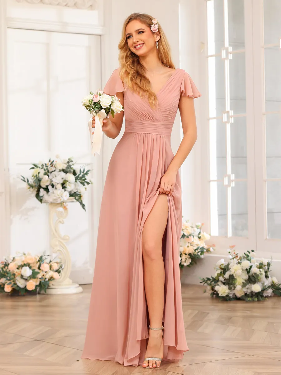 A-Line/Princess V-Neck Long Wedding Party Dresses with Split Side & Pockets sold by Lavetir product image thumbnail 4