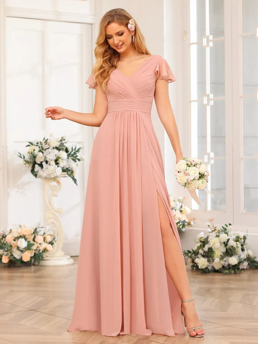 A-Line/Princess V-Neck Long Wedding Party Dresses with Split Side & Pockets sold by Lavetir