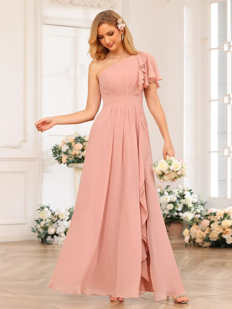 A-Line/Princess One-Shoulder Long Wedding Party Dresses with Split Side sold by Lavetir product image thumbnail 4