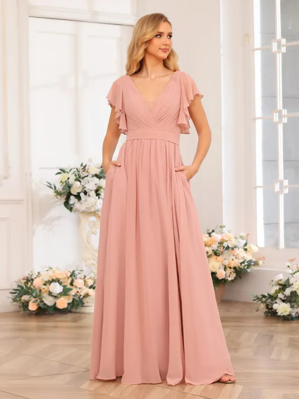 A-Line/Princess V-Neck Long Wedding Party Dresses with Split Side & Pockets sold by Lavetir