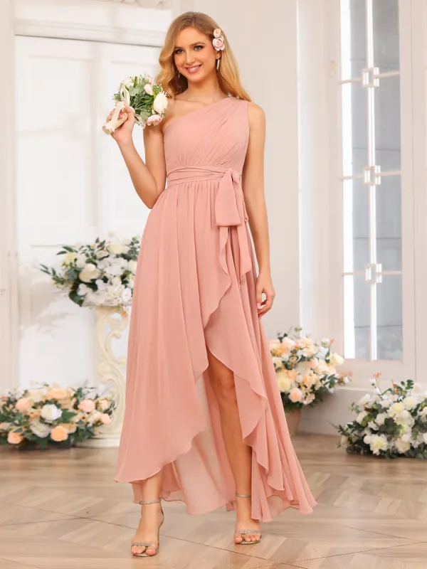 A-Line/Princess One-Shoulder Long Wedding Party Dresses with Sash sold by Lavetir