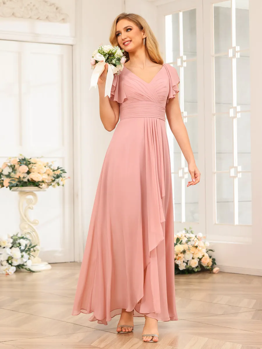 A-Line/Princess V-Neck Long Wedding Party Dresses with Ruffles sold by Lavetir
