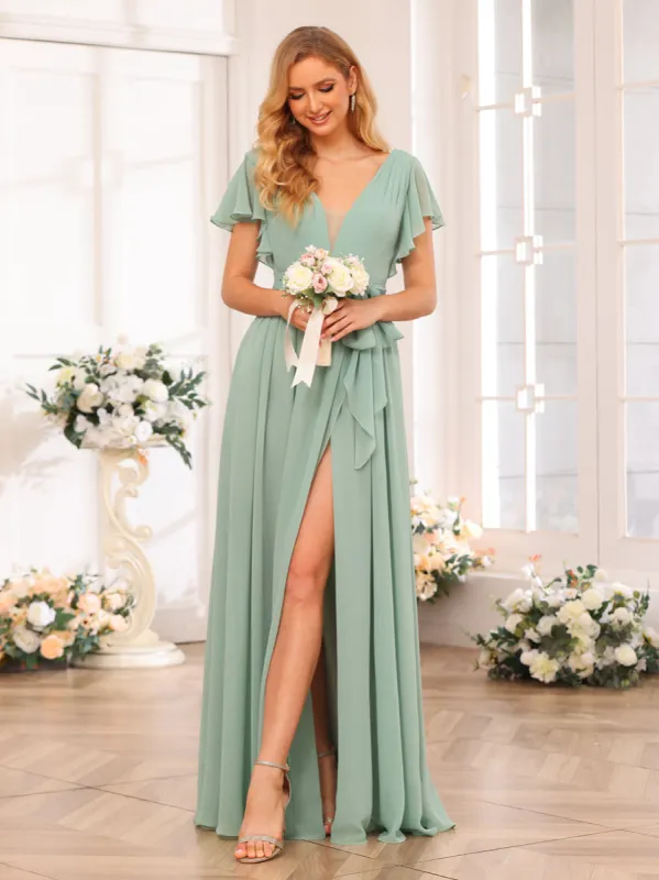 A-Line/Princess V-Neck Long Wedding Party Dresses with Split Side & Sash sold by Lavetir