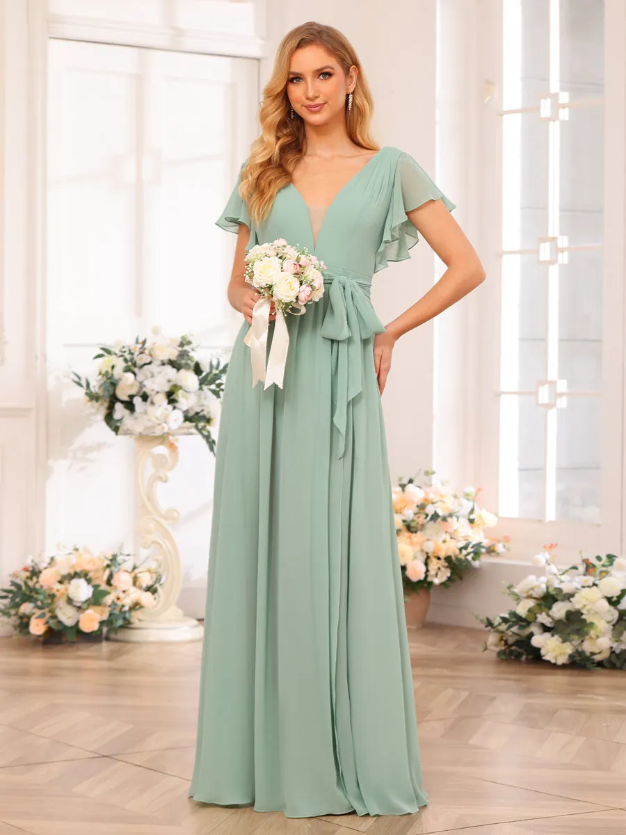 A-Line/Princess V-Neck Long Wedding Party Dresses with Split Side & Sash sold by Lavetir product image thumbnail 5