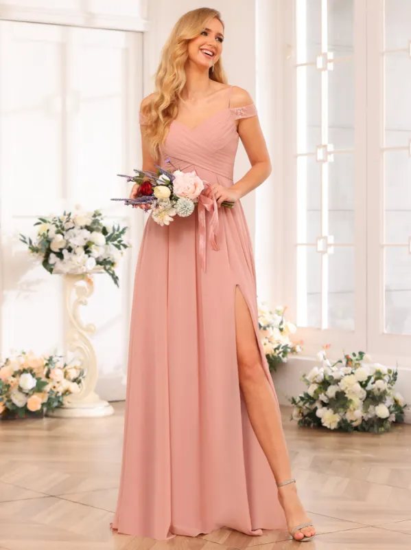 A-Line/Princess Spaghetti Straps Long Wedding Party Dresses with Split Side & Pockets sold by Lavetir