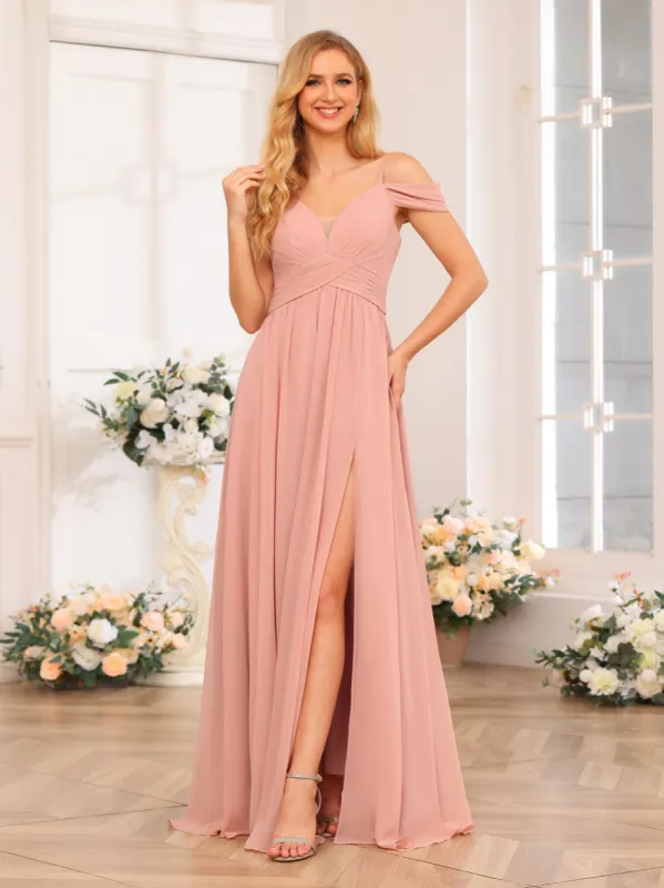 A-Line/Princess Spaghetti Straps Long Wedding Party Dresses with Split Side & Pockets sold by Lavetir