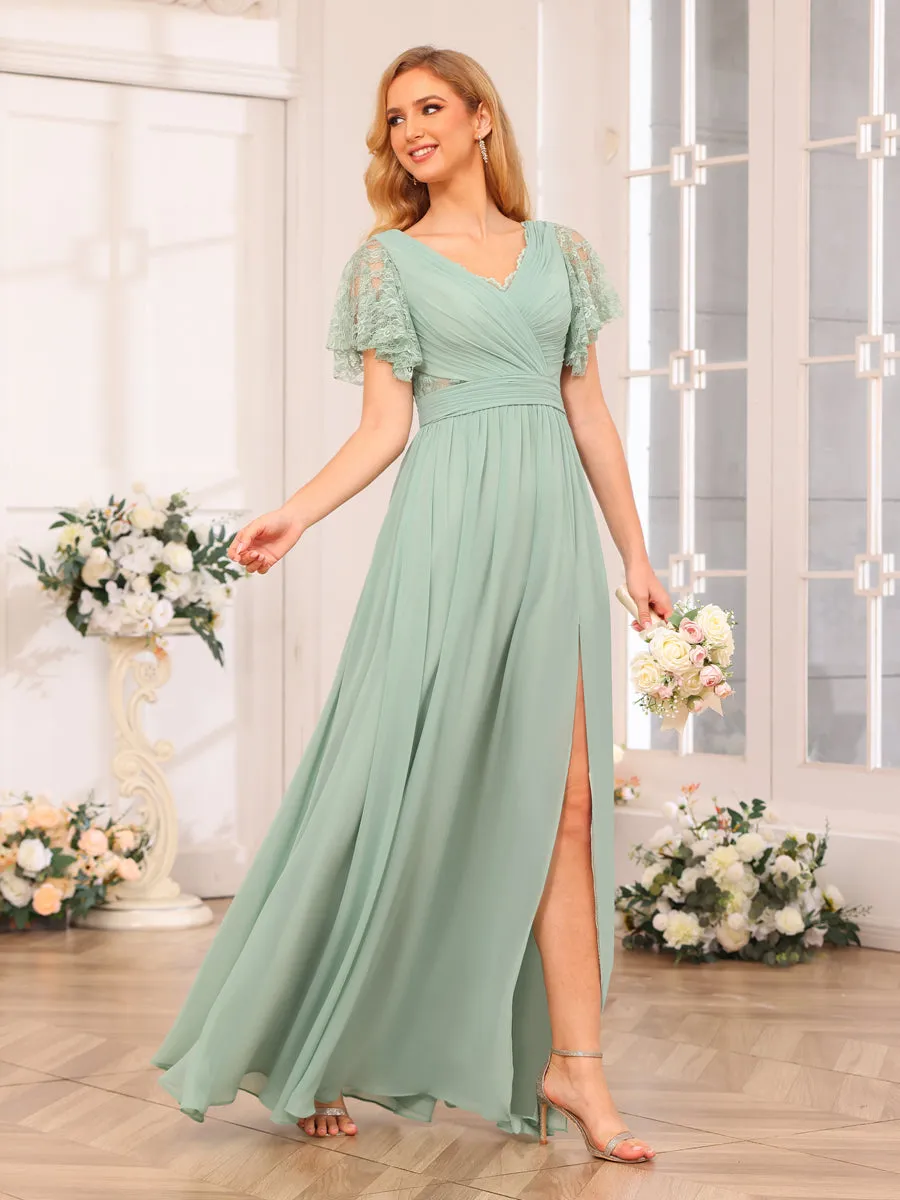 A-Line/Princess V-Neck Long Wedding Party Dresses with Split Side & Pockets sold by Lavetir product image thumbnail 5