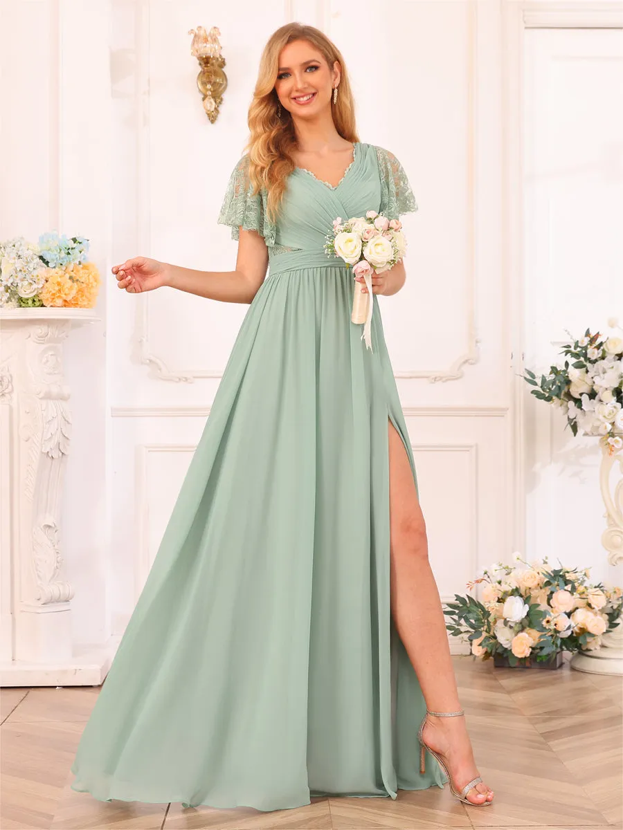 A-Line/Princess V-Neck Long Wedding Party Dresses with Split Side & Pockets sold by Lavetir product image thumbnail 3