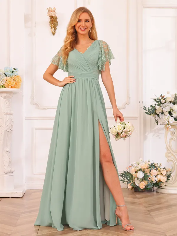 A-Line/Princess V-Neck Long Wedding Party Dresses with Split Side & Pockets sold by Lavetir