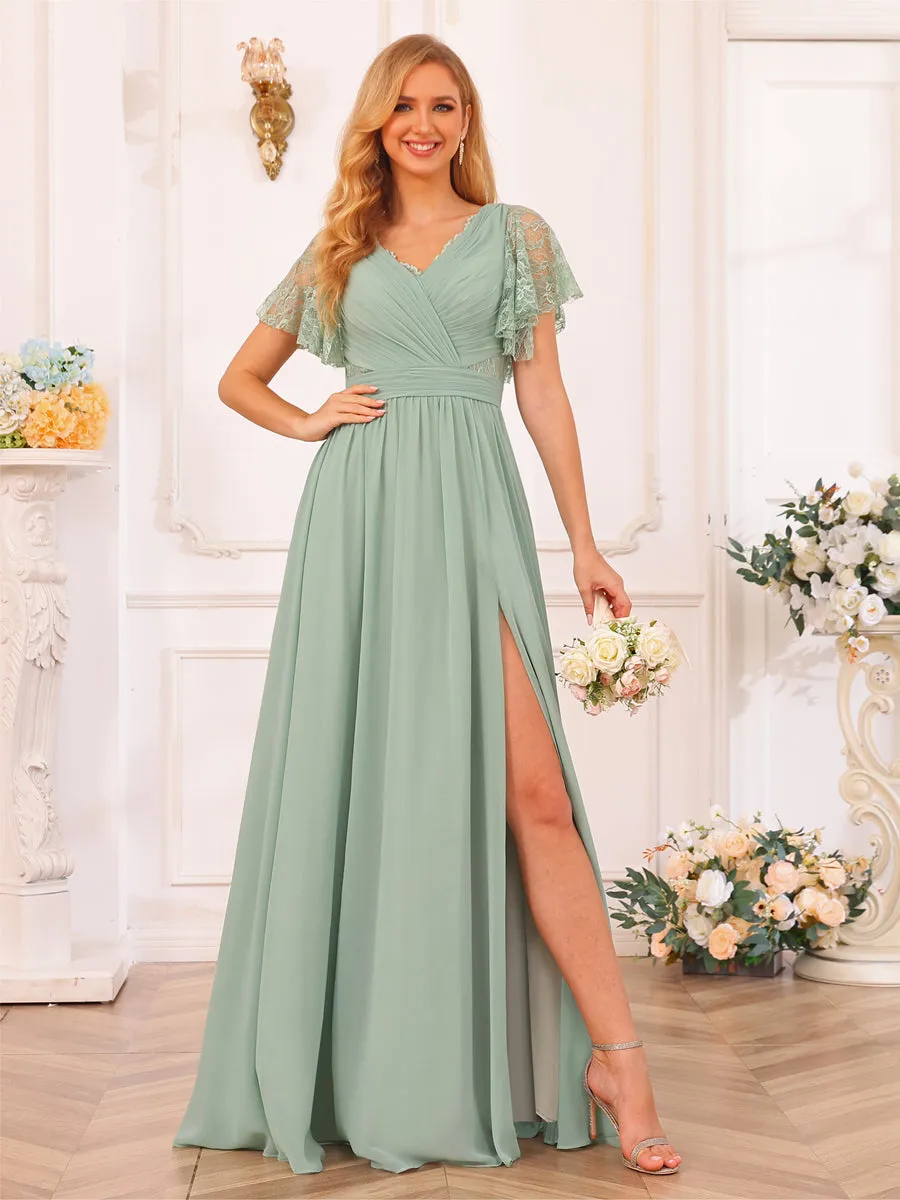 A-Line/Princess V-Neck Long Wedding Party Dresses with Split Side & Pockets sold by Lavetir