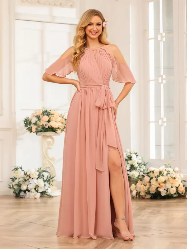 A-Line/Princess Halter Long Wedding Party Dresses with Split Side & Sash sold by Lavetir