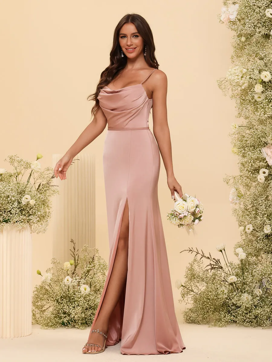 Sheath/Column Spaghetti Straps Long Formal Dresses with Split Side & Ruched sold by Lavetir product image thumbnail 5