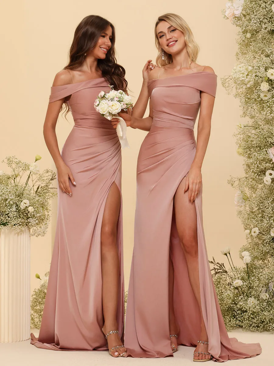 Sheath/Column Off-the-Shoulder Long Formal Dresses with Split Side & Ruched sold by Lavetir product image thumbnail 3