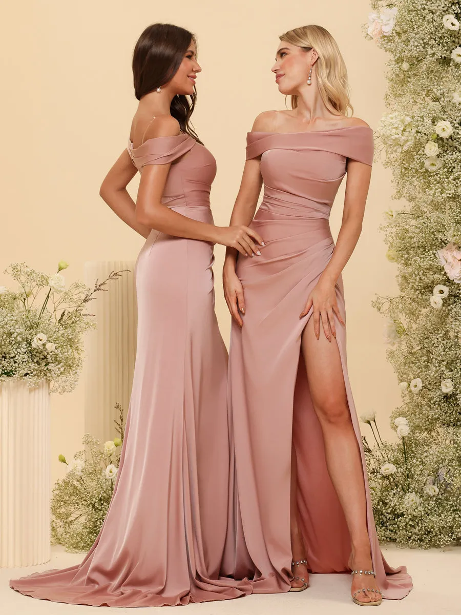 Sheath/Column Off-the-Shoulder Long Formal Dresses with Split Side & Ruched sold by Lavetir product image thumbnail 4