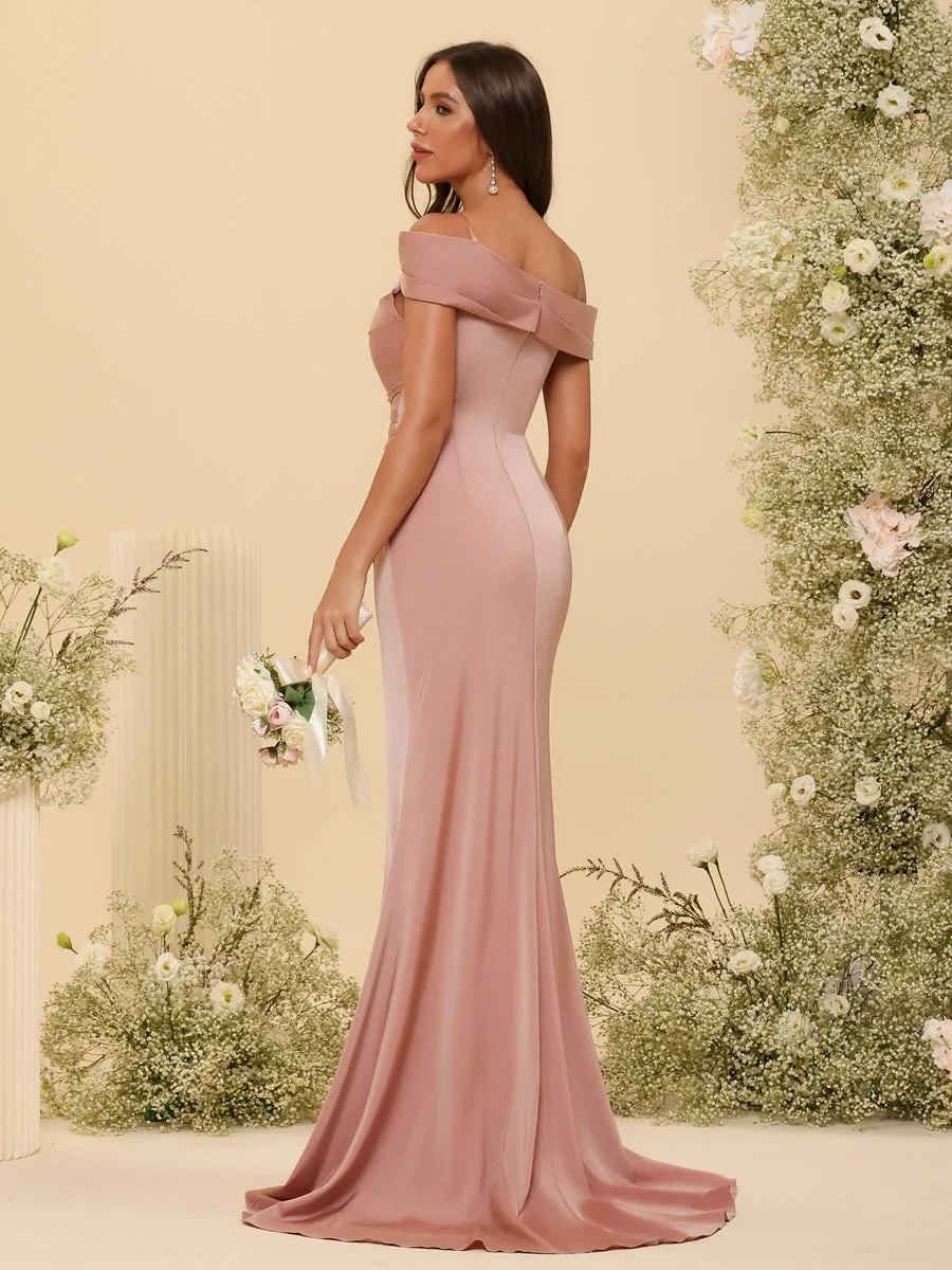 Sheath/Column Off-the-Shoulder Long Formal Dresses with Split Side & Ruched sold by Lavetir product image thumbnail 2