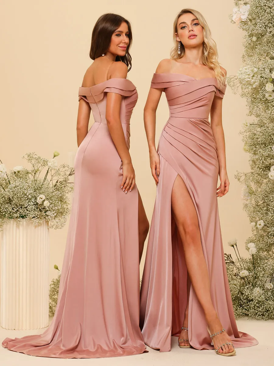 Sheath/Column Off-the-Shoulder Long Formal Dresses with Split Side & Ruched sold by Lavetir product image thumbnail 2