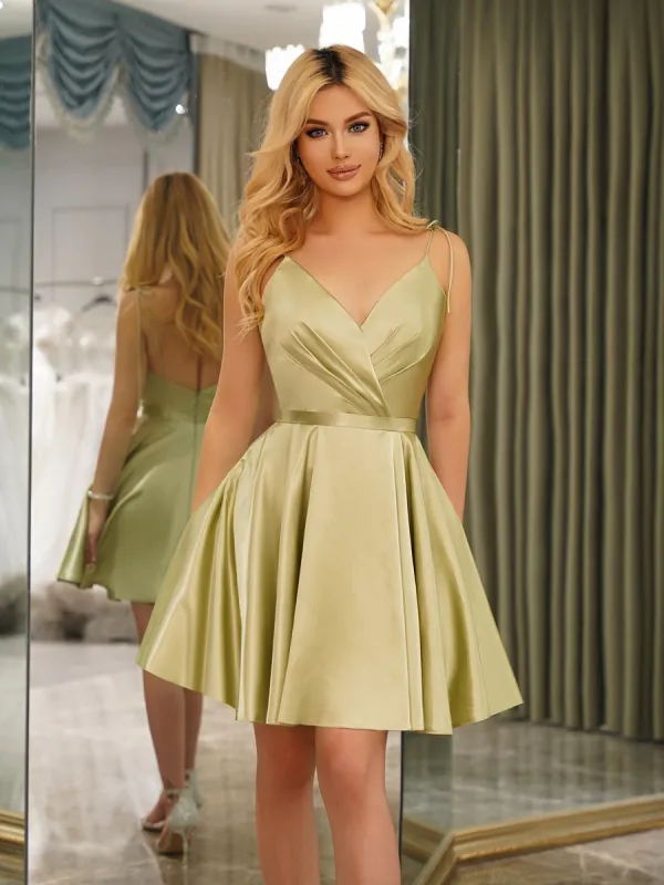 A-Line Spaghetti Straps V-Neck Sleeveless Short Dresses with Belt sold by Lavetir