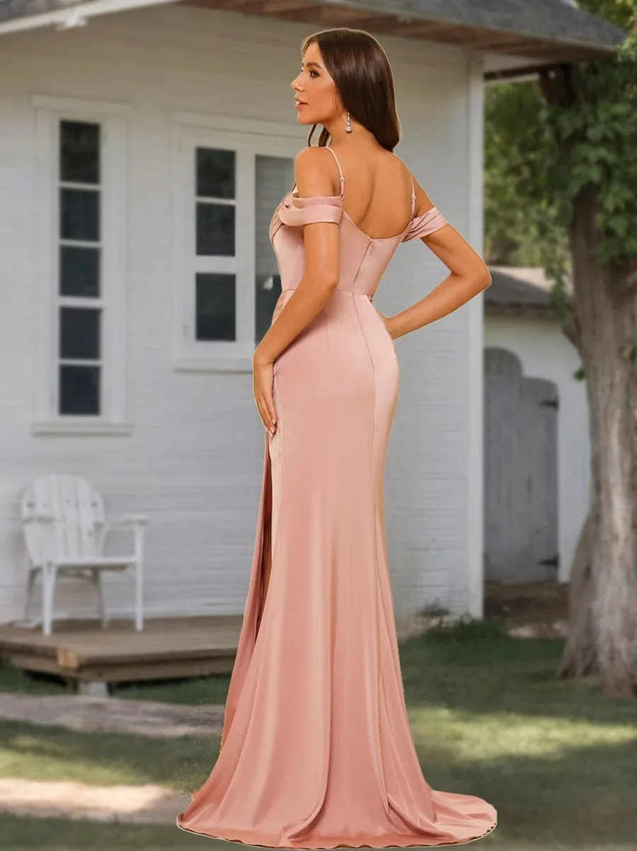 Sheath/Column Off-the-Shoulder Spaghetti Straps Floor-Length Formal Dresses with Split Side sold by Lavetir product image thumbnail 2