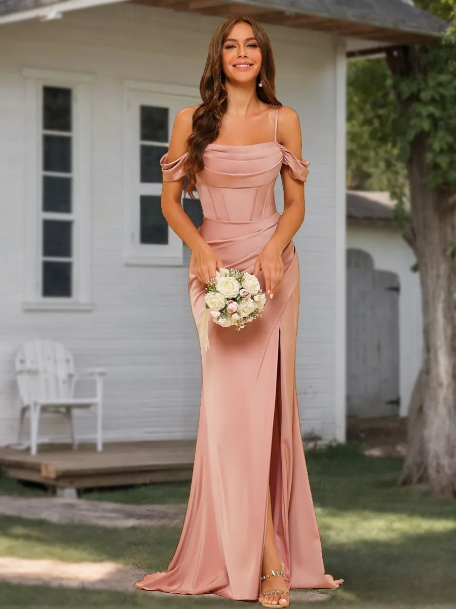 Sheath/Column Off-the-Shoulder Spaghetti Straps Floor-Length Formal Dresses with Split Side sold by Lavetir