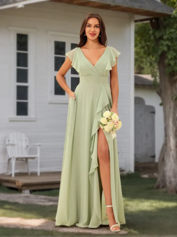 A-Line/Princess Chiffon V-Neck Long Bridesmaid Dresses with Ruffles sold by Lavetir