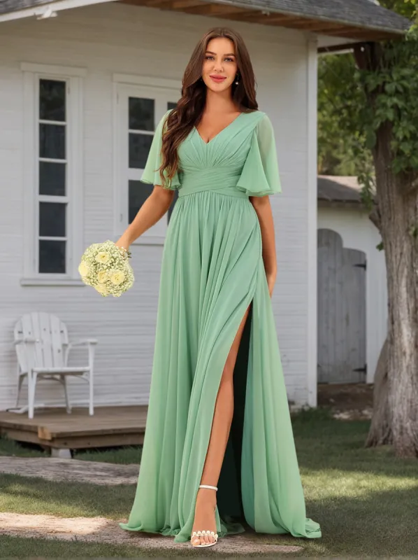 A-Line V-Neck Half Sleeves Chiffon Bridesmaid Dresses With Pockets sold by Lavetir