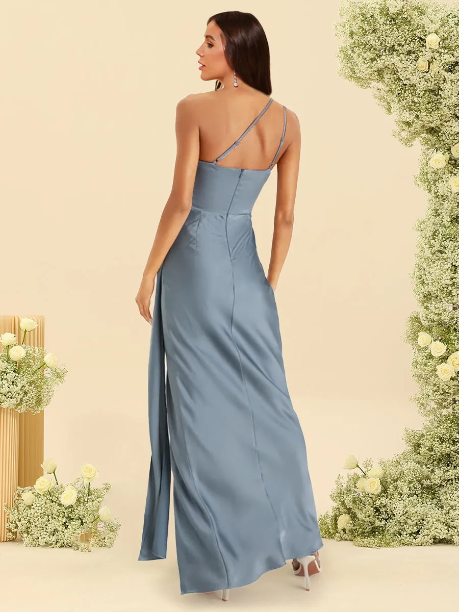 Sheath/Column Silk Satin One-Shoulder Floor-Length Bridesmaid Dresses With Split Side sold by Lavetir product image thumbnail 2