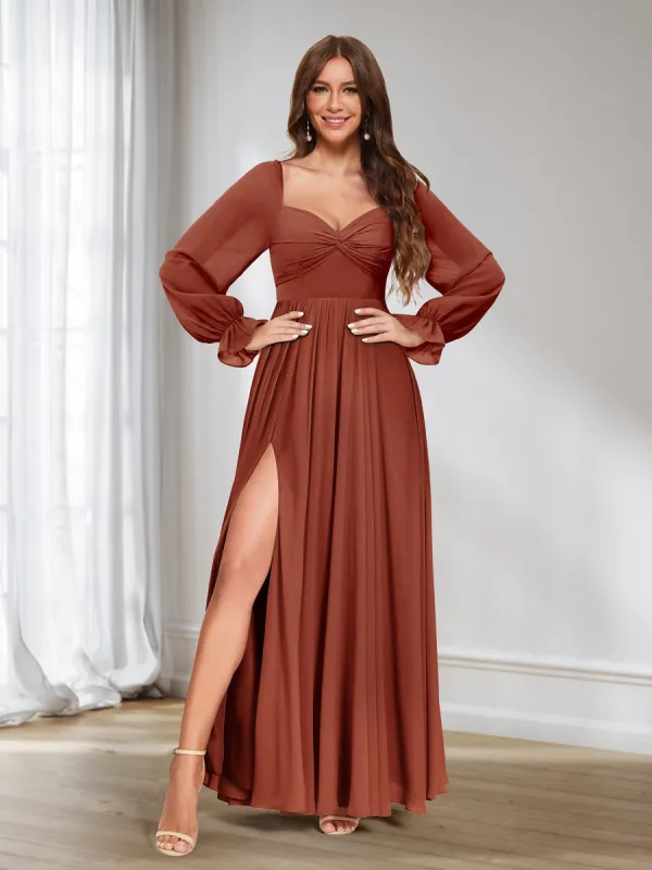 A-Line/Princess Sweetheart Chiffon Long Sleeves Bridesmaid Dresses with Split Side made by Lavetir