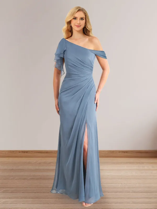 Sheath/Column One-Shoulder Sleeveless Long Bridesmaid Dresses with Split Side sold by Lavetir