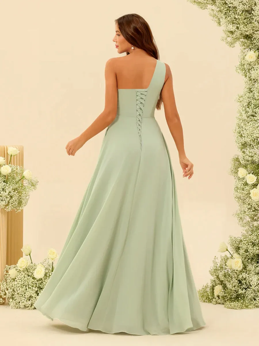A-Line/Princess One-Shoulder Sleeveless Long Bridesmaid Dresses with Split Side sold by Lavetir product image thumbnail 2