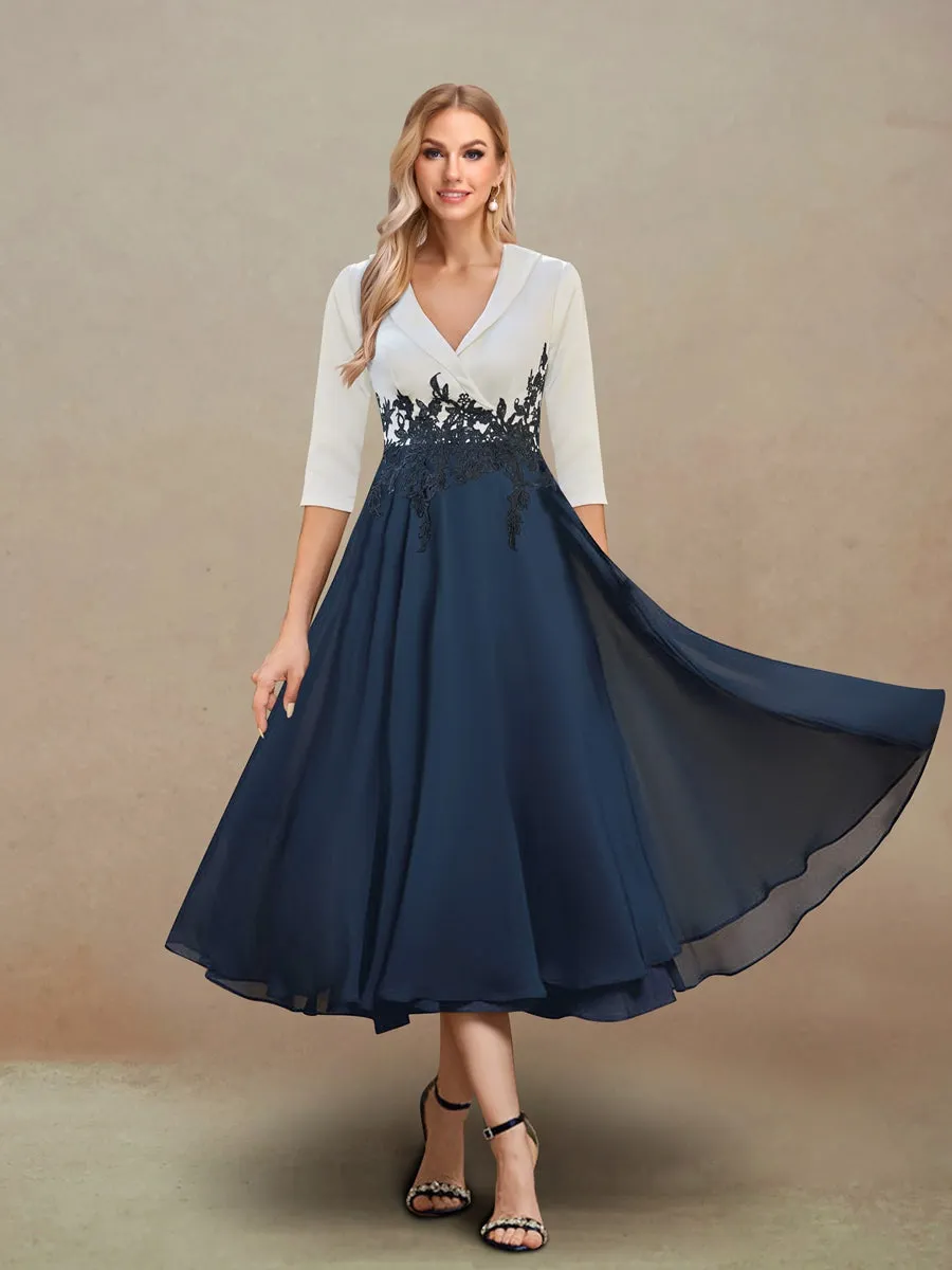 A-Line/Princess V-Neck Half Sleeves Tea-Length Evening Dresses with Appliques sold by Lavetir