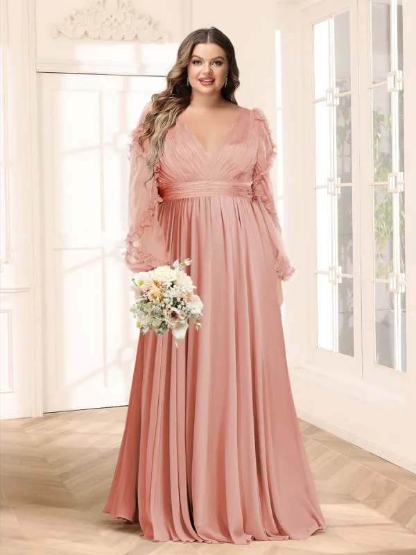 A-Line/Princess V-Neck Long Sleeves Chiffon Empire Plus Size Bridesmaid Dresses sold by Lavetir