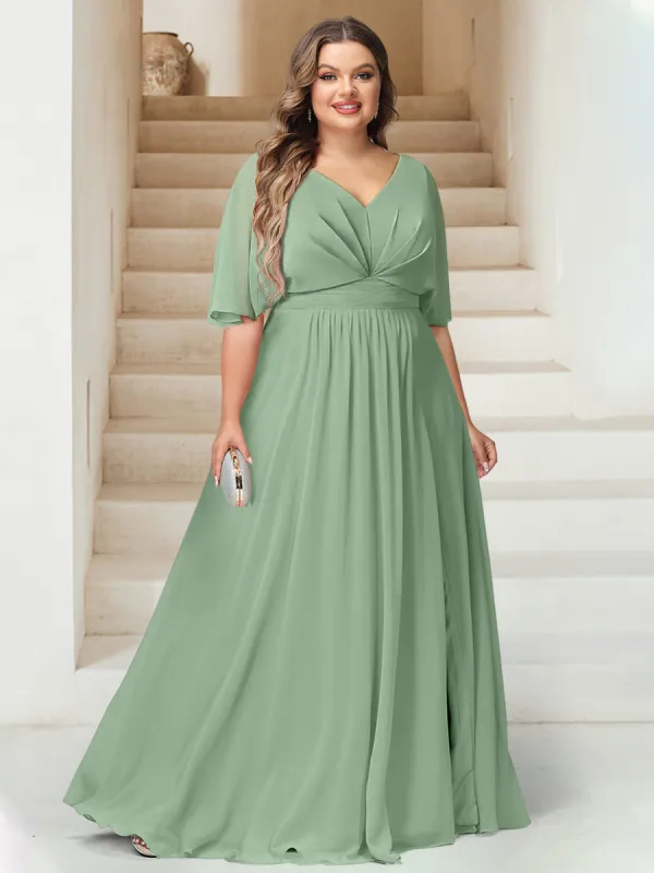 A-Line/Princess V-Neck Floor-Length Backless Plus Size Bridesmaid Dresses sold by Lavetir