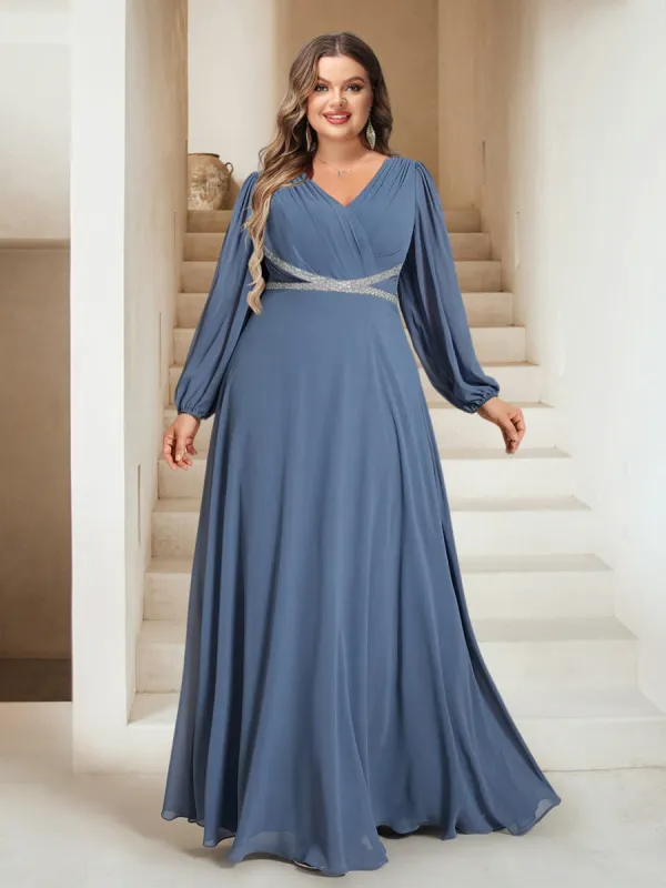 A-Line/Princess V-Neck Floor-Length Plus Size Bridesmaid Dresses With Sash sold by Lavetir