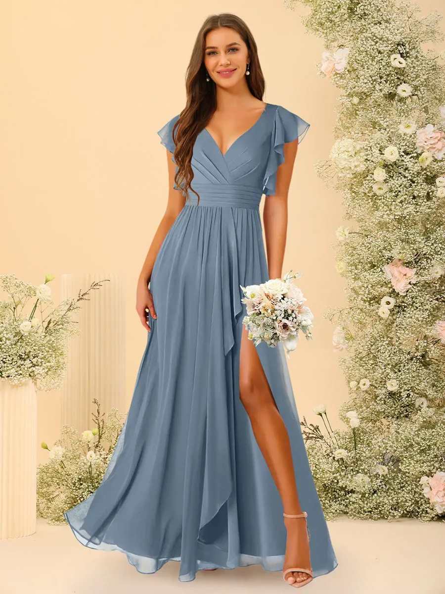 A-Line/Princess V-Neck Floor-Length Bridesmaid Dresses With Split Side sold by Lavetir